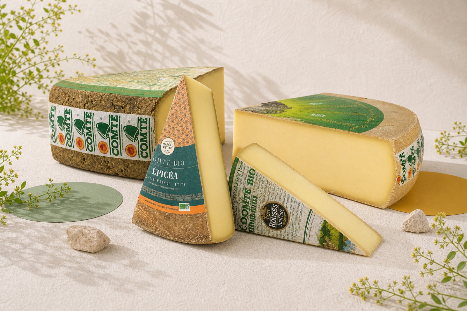 Die vier Comté-Reifestufen der Degustation gemeinsam auf einer Jurakalk-Bühne: Cyclamen und Épicéa von Marcel Petite, Comté Arnaud 20/22 Monate und 30+ Monate vom Fort des Rousses